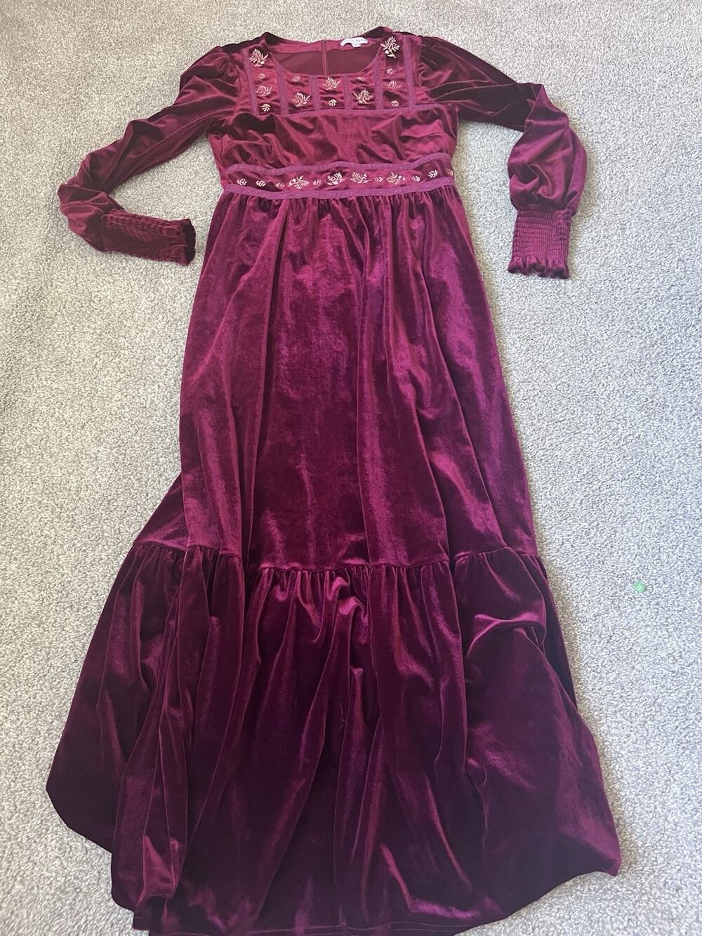 Baltic Born Dress Velvet Medium Maxi Sleeve Romantic Embroidered Burgundy H